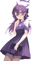 Rule 34 | 1girl, absurdres, blue archive, blush, breasts, cowboy shot, dress, earrings, hair between eyes, halo, haruka (blue archive), haruka (dress) (blue archive), highres, jewelry, long hair, midori xu, official alternate costume, open mouth, purple dress, purple eyes, purple hair, purple halo, simple background, small breasts, solo, white background