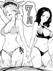 2girls 3: american_flag american_flag_bikini american_flag_print bell bikini black_bikini blush breasts closed_mouth commentary_request crossed_arms crown embarrassed flag_print flying_sweatdrops frown greyscale highres kuroki_yuushin long_hair marianne_(shishunki_renaissance!_david-kun) mole mole_under_eye mona_lisa_(shishunki_renaissance!_david-kun) monochrome multiple_girls navel neck_bell official_art print_bikini shishunki_renaissance!_david-kun side-tie_bikini_bottom simple_background speech_bubble stomach swimsuit water water_drop