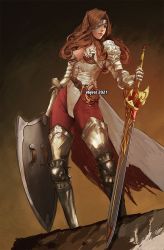 Rule 34 | 1girl, armor, beatrix (ff9), belt, boots, breasts, brown background, brown hair, cleavage, curly hair, eyepatch, final fantasy, final fantasy ix, full body, hair over one eye, highleg, highleg leotard, holding, holding shield, holding sword, holding weapon, leotard, long hair, looking to the side, loose belt, medium breasts, armored boots, metal gloves, shield, shoulder armor, solo, standing, sword, thigh boots, vhyrel, weapon, white leotard
