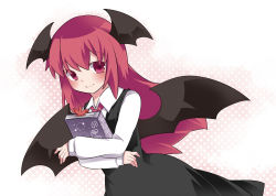Rule 34 | 1girl, bad id, bad pixiv id, black dress, blush, book, hugging book, closed mouth, demon girl, demon wings, dress, hammer (sunset beach), head wings, holding, holding book, koakuma, long hair, long sleeves, looking at viewer, necktie, hugging object, red eyes, red hair, red necktie, smile, solo, touhou, wings