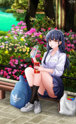 Rule 34 | 1girl, absurdres, backpack, bag, bench, blue hair, blue skirt, blunt bangs, boku no kokoro no yabai yatsu, bottle, brown eyes, crossed legs, dark blue hair, dated, flower, food, food in mouth, highres, holding, holding bottle, holding food, holding pocky, long hair, miniskirt, nihility, outdoors, plastic bottle, pleated skirt, pocky, pocky in mouth, pond, shirt, signature, sitting, sitting on bench, skirt, solo, straight hair, thighs, water bottle, white shirt, yamada anna