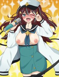 Rule 34 | 1girl, @ @, absurdres, akoya matama, black sailor collar, black thighhighs, blue neckerchief, blush, breasts, brooch, brown hair, cabbie hat, closed mouth, coat, commentary, fang, green eyes, green skirt, hat, hat ornament, high-waist skirt, highres, holding, holding microphone, jewelry, large breasts, loco musica, long hair, long sleeves, looking at viewer, magical girl, mahou shoujo ni akogarete, microphone, miniskirt, multicolored hair, neck tattoo, neckerchief, nipples, one eye closed, open clothes, open coat, open mouth, pencil skirt, sailor collar, skirt, smile, solo, sparkle, standing, star (symbol), star brooch, star hat ornament, streaked hair, sweatdrop, tattoo, thighhighs, tina (tina030), two side up, v over eye, white coat, white hat