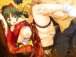 Rule 34 | 1boy, 1girl, bare shoulders, black hair, blush, bow, breasts, censored, clothed sex, cum, cum in pussy, game cg, green eyes, hair bow, hetero, japanese clothes, kimono, large breasts, long hair, misono akari, mosaic censoring, newid, nipples, obi, off shoulder, open mouth, pants, penis, ponytail, saliva, sash, sekisaba!, sex, smile, spread legs, tabi, thigh strap, vaginal, white legwear