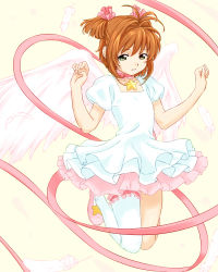 Rule 34 | 1990s (style), 1girl, brown hair, cardcaptor sakura, child, choker, dress, feathers, frills, green eyes, kinomoto sakura, loliconder, magical girl, retro artstyle, ribbon, simple background, single thighhigh, solo, thighhighs, twintails, two side up, wings