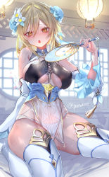 Rule 34 | absurdres, artist name, ass, bare shoulders, blonde hair, blue nails, blush, breasts, china dress, chinese clothes, choker, covered erect nipples, detached sleeves, double bun, dress, ear piercing, earrings, flower, genshin impact, hair between eyes, hair bun, hair flower, hair ornament, highres, holding, impossible clothes, indoors, jewelry, large breasts, light, looking at viewer, lumine (genshin impact), nail polish, navel, panties, pelvic curtain, piercing, pottsness, ribbon, see-through, seiza, shiny skin, sitting, skirt, solo, spread legs, sweat, thigh strap, thighs, underwear, white footwear, white panties, yellow eyes