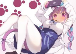 Rule 34 | 1girl, ahoge, animal ear fluff, animal ears, arms up, ass, blue hair, blue skirt, blush, braid, breasts, brown footwear, cardigan, cat ears, cat girl, cat tail, commentary request, feet out of frame, food, food in mouth, holding, hololive, knees up, loafers, long hair, medium breasts, minato aqua, minato aqua (sailor), mouth hold, muku (muku-coffee), multicolored hair, nintendo switch, open cardigan, open clothes, pantyhose, pleated skirt, pocky, purple eyes, purple hair, shirt, shoes, skirt, solo, tail, twin braids, twintails, two-tone hair, very long hair, virtual youtuber, white background, white cardigan, white pantyhose, white shirt