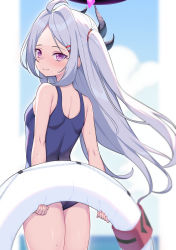 Rule 34 | 1girl, absurdres, blue archive, blue one-piece swimsuit, blue sky, blurry, cloud, cloudy sky, commentary request, demon girl, demon horns, depth of field, eyes visible through hair, from behind, head tilt, highres, hina (blue archive), hina (swimsuit) (blue archive), holding, holding swim ring, horizontal pupils, horns, innertube, long hair, looking at another, looking at viewer, ocean, one-piece swimsuit, one side up, parted bangs, purple eyes, school swimsuit, shaft look, sidelocks, sky, smile, solo, swim ring, swimsuit, umihal, wet, wet clothes, wet swimsuit, white hair, wind