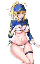 Rule 34 | 1girl, absurdres, ahoge, artoria pendragon (fate), baseball cap, bikini, blonde hair, blue eyes, blue hat, blush, breasts, cleavage, covered erect nipples, fate/grand order, fate (series), hair between eyes, hair through headwear, hat, highres, jacket, large breasts, long hair, looking at viewer, medium breasts, mysterious heroine x (fate), mysterious heroine xx (fate), navel, open mouth, ponytail, shrug (clothing), side-tie bikini bottom, sidelocks, simple background, skindentation, solo, stomach, swimsuit, thigh strap, thighs, white background, white bikini, xiao gen