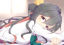 Rule 34 | 10s, 1girl, bed sheet, black hair, breast press, covered mouth, day mello, dress, eyebrows, from side, hair between eyes, hair ribbon, indoors, kantai collection, long hair, looking at viewer, lying, multicolored hair, naganami (kancolle), on stomach, pink hair, ribbon, shirt, sleeveless, sleeveless dress, solo, two-tone hair, upper body, wavy hair, white shirt, yellow eyes, yellow ribbon