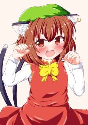 Rule 34 | 1girl, :d, blush, bow, bowtie, brown hair, chen, chinese clothes, earrings, fang, hat, highres, jewelry, long sleeves, multiple tails, open mouth, paw pose, red eyes, short hair, single earring, skirt, skirt set, smile, solo, tail, touhou, two tails, vest, yakumo nanahara