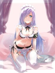 Rule 34 | 1girl, absurdres, apron, arm strap, bed sheet, black panties, black ribbon, bra, breasts, cleavage, collarbone, detached collar, framed, front-tie bra, full body, fune (fune93ojj), garter belt, green eyes, grey hair, hair over one eye, heart, heart-shaped pupils, highres, kneeling, long hair, looking at viewer, maid headdress, navel, neck ribbon, original, panties, parted lips, pillow, ribbon, side-tie panties, small breasts, smile, solo, symbol-shaped pupils, thighhighs, underwear, very long hair, waist apron, white apron, white bra, white thighhighs, wrist cuffs