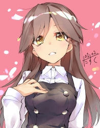Rule 34 | 1girl, absurdres, alternate breast size, arashio (kancolle), breasts, brown hair, dated, dress, hair between eyes, highres, kantai collection, large breasts, long hair, long sleeves, looking at viewer, narumiya (empty cafe), one-hour drawing challenge, pinafore dress, shirt, sleeveless dress, solo, white shirt, yellow eyes