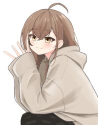 Rule 34 | 1girl, ahoge, bakedmonogamy, blush, brown eyes, brown hair, brown hoodie, brown skirt, crossed bangs, double-parted bangs, double v, hair between eyes, highres, hololive, hololive english, hood, hoodie, looking at viewer, nanashi mumei, nanashi mumei (casual), official alternate costume, oversized clothes, plaid, plaid skirt, skirt, sleeves past wrists, smile, squatting, v, virtual youtuber