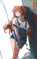 Rule 34 | 1girl, absurdres, blue eyes, denim, denim shorts, highres, jenmin12, long hair, neon genesis evangelion, outdoors, pout, red hair, shirt, shorts, solo, souryuu asuka langley, t-shirt, twintails