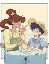 Rule 34 | 2girls, bishoujo senshi sailor moon, blue eyes, blue hair, blush, brown hair, earrings, flower, food, hair flower, hair ornament, hat, height difference, highres, jewelry, kino makoto, mercuri0ff, mizuno ami, multiple girls, open mouth, short hair, simple background, size difference, star (symbol), table