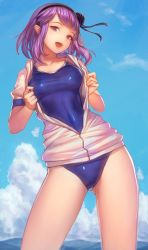 Rule 34 | 10s, 1girl, :d, alternate breast size, blue one-piece swimsuit, blunt bangs, breasts, collarbone, contrapposto, dagashi kashi, flower, gluteal fold, hair flower, hair ornament, hairband, hood, hoodie, looking at viewer, one-piece swimsuit, open clothes, open hoodie, open mouth, partially unzipped, purple eyes, purple hair, shidare hotaru, short hair, short sleeves, skin tight, small breasts, smile, solo, standing, swimsuit, thighs, undressing, urokoda, zipper