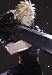 Rule 34 | 1boy, aqua eyes, armor, bandaged arm, bandages, belt, black background, black gloves, blonde hair, blue pants, blue shirt, boooshow, buster sword, cloud strife, cowboy shot, embers, fighting stance, final fantasy, final fantasy vii, final fantasy vii remake, gloves, highres, holding, holding sword, holding weapon, looking to the side, male focus, materia, multiple belts, muscular, muscular male, pants, parted lips, shirt, short hair, shoulder armor, sleeveless, sleeveless turtleneck, solo, spiked hair, square enix, suspenders, sword, turtleneck, weapon