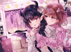 2girls :d angel_wings bandaid bandaid_on_face black_horns box brown_hair curtains demon_girl ear_piercing hair_ornament hairclip handheld_game_console heart horns indoors jewelry jirai_kei long_hair long_sleeves multiple_girls open_mouth original piercing pink_shirt pointy_ears poster_(object) puffy_long_sleeves puffy_sleeves purple_eyes ring shirt short_hair smile suspenders white_shirt wings yudoufu_(littleplus) yuri