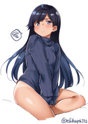 Rule 34 | 1girl, alternate costume, black hair, blue eyes, blue sweater, blush, bottomless, breasts, covering privates, covering crotch, ebifurya, hair between eyes, highres, i-400 (kancolle), kantai collection, long hair, long sleeves, looking at viewer, naked sweater, no panties, no pants, open mouth, simple background, small breasts, solo, sweater, tan, tanline, twitter username, white background