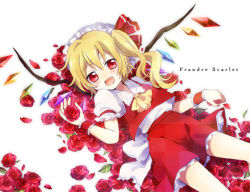 Rule 34 | 1girl, :d, ascot, bad id, bad pixiv id, blonde hair, bow, embodiment of scarlet devil, fang, female focus, flandre scarlet, flower, hair bow, hat, hat bow, lying, on back, open mouth, petals, red eyes, red flower, red rose, rose, rose petals, sakuro, side ponytail, skirt, smile, solo, touhou, wings, wrist cuffs