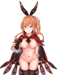 Rule 34 | 10s, 1girl, arm behind back, ass, black gloves, black thighhighs, blush, breasts, brown gloves, cai geng, cape, clarisse (granblue fantasy), condom, condom wrapper, gloves, granblue fantasy, green eyes, highres, large breasts, long hair, looking at viewer, naked cape, navel, nipples, nude, orange hair, ponytail, pussy juice, simple background, smile, solo, stomach, thigh gap, thighhighs, thighs, white background