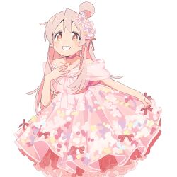 Rule 34 | 1girl, absurdres, ahoge, artist request, bare arms, bare shoulders, blush, bow, brown eyes, choker, collarbone, cowboy shot, dress, earrings, fingernails, floral print, flower, frilled dress, frills, genderswap, genderswap (mtf), grin, hair between eyes, hair flower, hair ornament, hand on own chest, hand up, highres, jewelry, layered dress, leaning forward, long hair, looking at viewer, nail polish, off-shoulder dress, off shoulder, official art, onii-chan wa oshimai!, open mouth, oyama mahiro, pink choker, pink dress, pink flower, pink hair, pink theme, pleated dress, red bow, red choker, red nails, red ribbon, resized, ribbon, sash, see-through, short sleeves, simple background, skirt hold, sleeveless, smile, solo, standing, strapless, strapless dress, teeth, third-party edit, transparent background, upscaled