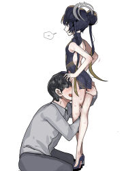 Rule 34 | 1boy, 1girl, absurdres, ass, black dress, black footwear, black hair, blue archive, blush, china dress, chinese clothes, closed mouth, collared shirt, double bun, dress, grey halo, grey pants, grey shirt, hair bun, halo, high heels, highres, k8on, kisaki (blue archive), long hair, long sleeves, open mouth, pants, sensei (blue archive), shirt, simple background, sleeveless, sleeveless dress, sweat, twintails, white background
