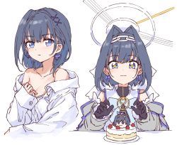 Rule 34 | 1girl, black gloves, black hair, blue eyes, bow, bow earrings, cake, chain, earrings, food, gloves, hair intakes, halo, highres, hololive, hololive english, jewelry, mechanical halo, off shoulder, ouro kronii, shirt, shiunnkaku, sparkling eyes, virtual youtuber, white background, white shirt