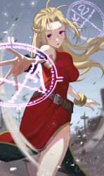 Rule 34 | 1girl, absurdres, antenna hair, belt, belt pouch, blonde hair, braid, china dress, chinese clothes, cross, crying, crying with eyes open, dress, dust, dust cloud, eyelashes, hair between eyes, highres, long hair, looking at viewer, lower teeth only, magic, magic circle, motion blur, onyang, open mouth, original, outdoors, pouch, purple eyes, red dress, signature, solo, tears, teeth, tombstone