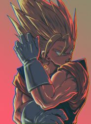 Rule 34 | 1boy, alto (natsusansai), commentary request, dougi, dragon ball, dragonball z, earrings, fusion, gloves, gradient background, highres, jewelry, looking away, male focus, muscular, muscular male, open mouth, potara earrings, solo, spiked hair, super saiyan, super saiyan 1, teeth, upper teeth only, vegetto, white gloves