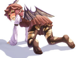 Rule 34 | 1girl, all fours, animal ears, bad id, bad pixiv id, black pantyhose, blush, closed eyes, fang, feet, female focus, from behind, hat, kurione (zassou), looking at viewer, looking back, mystia lorelei, open mouth, pantyhose, pink hair, purple hair, red eyes, shadow, short hair, simple background, skindentation, solo, tears, torn clothes, torn pantyhose, touhou, white background, wings