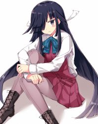 Rule 34 | 10s, 1girl, 501092-taka, black eyes, black hair, blush, boots, cross-laced footwear, front-seamed legwear, grey pantyhose, hair over one eye, hayashimo (kancolle), hugging own legs, kantai collection, long hair, pantyhose, school uniform, seamed legwear, shadow, simple background, sitting, solo, very long hair, white background