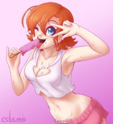 Rule 34 | 1girl, armpits, between breasts, breasts, cleavage, cslucaris, food, ice cream, licking, looking at viewer, navel, nora valkyrie, one eye closed, open mouth, rwby, sexually suggestive, solo, sweat, tongue, tongue out, v, wink