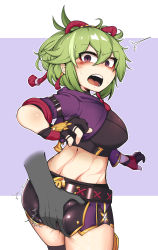 Rule 34 | 1girl, absurdres, ass, ass grab, blush, breasts, deep skin, from behind, genshin impact, gloves, green hair, hair ornament, hand on another&#039;s ass, highres, kuki shinobu, long hair, looking at viewer, looking back, male hand, medium breasts, mucu, ninja, open mouth, ponytail, purple eyes, rope, shimenawa, shiny clothes, shiny skin, short shorts, shorts, sideboob, solo, surprised, thighhighs