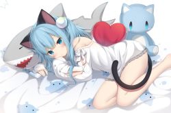 Rule 34 | 1girl, amashiro natsuki, animal ears, bare legs, bare shoulders, barefoot, bed sheet, blue eyes, blue hair, blush, cat ears, cat girl, cat tail, closed mouth, commentary request, eyebrows hidden by hair, heart, heart-shaped pillow, long hair, long sleeves, looking at viewer, lying, off-shoulder shirt, off shoulder, on side, original, pillow, shirt, sleeves past fingers, sleeves past wrists, solo, stuffed animal, stuffed cat, stuffed shark, stuffed toy, tail, white shirt