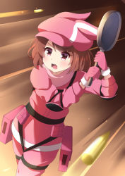Rule 34 | 1girl, animal ears, animal hat, blush, brown hair, bullet, cabbie hat, commentary, commentary request, frying pan, gloves, hat, highres, holding, ikazu401, jacket, llenn (sao), open mouth, pants, pink gloves, pink hat, pink jacket, pink pants, playerunknown&#039;s battlegrounds, rabbit ears, rabbit hat, red eyes, solo, sword art online, sword art online alternative: gun gale online, v-shaped eyebrows