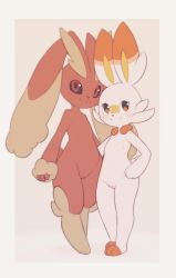 Rule 34 | 2girls, animal ears, animal hands, arm around waist, beige background, black sclera, blush, border, cleft of venus, closed mouth, collarbone, colored sclera, creatures (company), female focus, flat chest, full body, furry, furry female, game freak, gen 4 pokemon, gen 8 pokemon, hand on own hip, happy, highres, kekitopu, light blush, looking at viewer, looking to the side, lopunny, multiple girls, nintendo, no nipples, orange eyes, pokemon, pokemon (creature), pussy, rabbit ears, red eyes, scorbunny, simple background, smile, standing, uncensored, white border