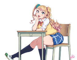 Rule 34 | 10s, 1girl, 2016, asymmetrical hair, black socks, blonde hair, blue eyes, blue skirt, blue socks, blush, bow, breasts, chair, collared shirt, desk, earrings, eyelashes, feet, female focus, galko, gradient hair, hair bun, hair ornament, hair scrunchie, hand on own cheek, hand on own face, head rest, highres, hori shin, jewelry, kneehighs, large breasts, leg up, long hair, looking at viewer, multicolored hair, on chair, one side up, open clothes, oshiete! galko-chan, pink hair, pink lips, plaid, plaid skirt, pleated skirt, red bow, school desk, school uniform, scrunchie, shirt, shoe dangle, shoes, side bun, signature, simple background, single side bun, sitting, skirt, sleeves rolled up, socks, solo, sweater vest, thick thighs, thighs, uwabaki, wavy hair, white background, white shirt
