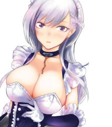 Rule 34 | 1girl, arm guards, azur lane, belfast (azur lane), blush, braid, breasts, broken, broken chain, chain, chain, cleavage, collar, collarbone, corset, dress, elbow gloves, french braid, frilled dress, frills, gloves, highres, kojima (blue stardust), large breasts, long hair, looking at viewer, maid, maid headdress, open mouth, purple eyes, silver hair, sleeveless, sleeveless dress, solo, upper body, white gloves