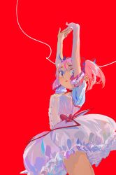 Rule 34 | 1girl, absurdres, bubble skirt, choker, from below, hair ribbon, highres, kaname madoka, looking at viewer, looking down, magical girl, mahou shoujo madoka magica, mahou shoujo madoka magica (anime), mihifu, pink eyes, pink hair, puffy short sleeves, puffy sleeves, red background, red ribbon, red theme, ribbon, ribbon-trimmed skirt, ribbon trim, short hair, short sleeves, short twintails, skirt, stretching, twintails
