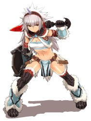 Rule 34 | 1girl, belt, boots, capcom, female focus, fighting stance, full body, gloves, hairband, highres, horns, kirin (armor), loincloth, long hair, midriff, monster hunter (series), navel, red eyes, shadow, shield, simple background, single horn, solo, strapless, sword, thighhighs, thighs, tube top, weapon, white hair, yu 65026