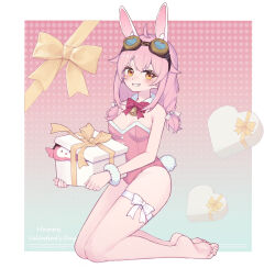 Rule 34 | 1girl, ace taffy, barefoot, box, brown eyes, feet, gift, gift box, goggles, goggles on head, grin, heart-shaped box, highres, indie virtual youtuber, leotard, light blush, long hair, looking at viewer, pink hair, rabbit ears, smile, soles, toes