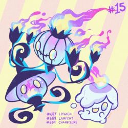Rule 34 | chandelure, character name, commentary, creature, creatures (company), english commentary, fire, fire, full body, game freak, gen 5 pokemon, lampent, litwick, looking at viewer, nintendo, no humans, pokedex number, pokemon, pokemon (creature), tonestarr, yellow eyes