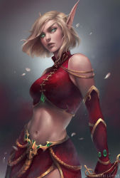 Rule 34 | 1girl, arm behind back, artist name, astri lohne sjursen, bare shoulders, blonde hair, blood elf (warcraft), breasts, contrapposto, cowboy shot, elbow gloves, elf, facial mark, gem, gloves, green eyes, head tilt, highres, jacket, leather, leather gloves, leather jacket, long eyebrows, looking at viewer, midriff, navel, open clothes, open mouth, parted lips, petals, pointy ears, red gloves, red jacket, red skirt, saber (weapon), short hair, signature, skirt, solo, stomach, strap, sword, warcraft, wavy hair, weapon, world of warcraft