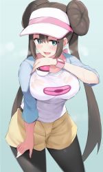 Rule 34 | 1girl, black pantyhose, blouse, blush, breasts, commentary request, cowboy shot, creatures (company), double bun, game freak, hair bun, half-closed eyes, hand on own thigh, heavy breathing, holding, holding poke ball, large breasts, long hair, low twintails, nintendo, noripachi, pantyhose, poke ball, poke ball (basic), pokemon, pokemon bw2, rosa (pokemon), see-through, shirt, short shorts, shorts, simple background, smile, standing, sweat, twintails, very long hair, visor cap, wet, wet clothes, wet shirt, white background, yellow shirt