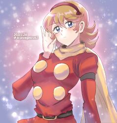 1girl belt blonde_hair blue_eyes breasts closed_mouth cyborg cyborg_009 francoise_arnoul hairband highres ing&#039;yeo_soyeo long_hair looking_at_viewer scarf solo sparkle