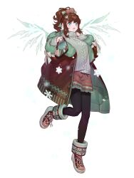 Rule 34 | 1girl, :d, bag, black pantyhose, blue eyes, boots, bow, brown coat, brown hair, chain paradox, coat, energy wings, food-themed hair ornament, green coat, green nails, grey sweater, hair bow, hair ornament, hand up, handbag, highres, ice cream hair ornament, long hair, mitoma mao, open mouth, pantyhose, shichimi, smile, snowflakes, solo, standing, standing on one leg, sweater, transparent background, wings