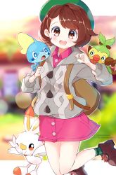 Rule 34 | 1girl, animal, animal on shoulder, backpack, bag, blurry, blurry background, brown eyes, brown hair, cardigan, collared dress, commentary, creatures (company), day, depth of field, dress, game freak, gen 8 pokemon, gloria (pokemon), grey sweater, grookey, hat, highres, jumping, legs up, long sleeves, looking at viewer, nintendo, open mouth, outside border, pink dress, pokemon, pokemon (creature), pokemon swsh, ringosutta, scorbunny, short dress, short hair, smile, sobble, starter pokemon trio, sweater, tam o&#039; shanter, twitter username, watermark, web address