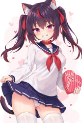 Rule 34 | 1girl, absurdres, animal ear fluff, animal ears, black hair, blue sailor collar, blue skirt, blush, bow, box, box of chocolates, cat ears, cat girl, cat tail, clothes lift, collar, collarbone, commentary request, covered erect nipples, gift, grin, hair ribbon, heart, highres, holding, holding gift, kazuneko-chan, kazuneko (wktk1024), lifting own clothes, long hair, long sleeves, multicolored hair, neckerchief, original, panties, purple eyes, red collar, red hair, red neckerchief, red ribbon, ribbon, sailor collar, school uniform, serafuku, simple background, skirt, skirt lift, smile, solo, streaked hair, striped bow, tail, teeth, thighhighs, twintails, underwear, white background, white panties, white thighhighs
