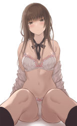 Rule 34 | 1girl, amagami, bare shoulders, black ribbon, black socks, blunt bangs, blush, bra, breasts, brown eyes, brown hair, cleavage, commentary request, expressionless, feet out of frame, highres, kamizaki risa, kneehighs, long hair, medium breasts, navel, neck ribbon, off shoulder, open clothes, open shirt, panties, parted lips, ribbon, serizawa (serizawaroom), shirt, simple background, sitting, socks, solo, stomach, underwear, white background, white bra, white panties, white shirt